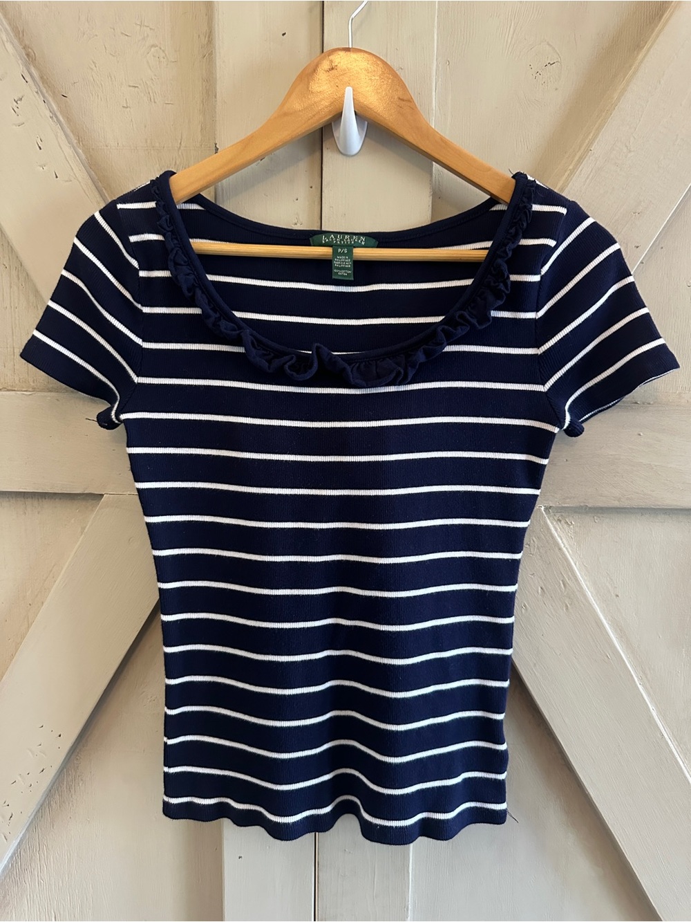 Lauren Ralph Lauren Petite Navy White Striped Ruffle Neck Ribbed Knit Top P/S